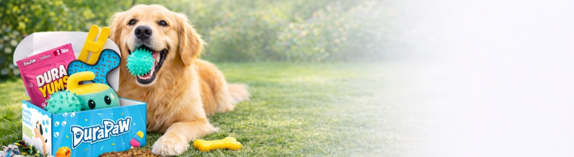 Dog playing with toys and DuraPaw box on grass outside
