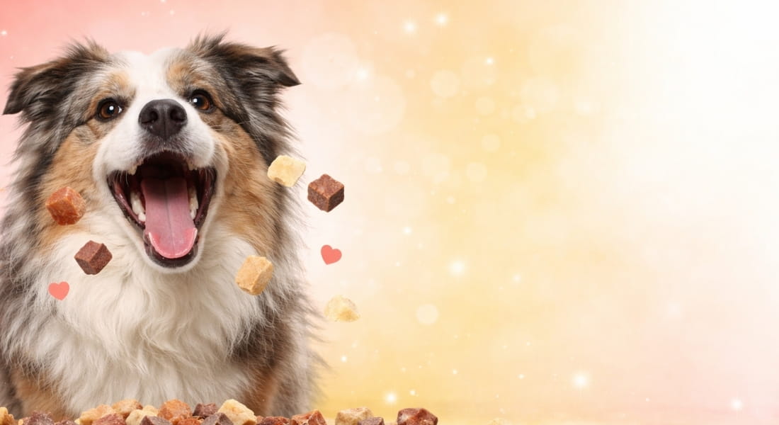 Dog with a happy expression surrounded by freeze dried dog treats on a soft background