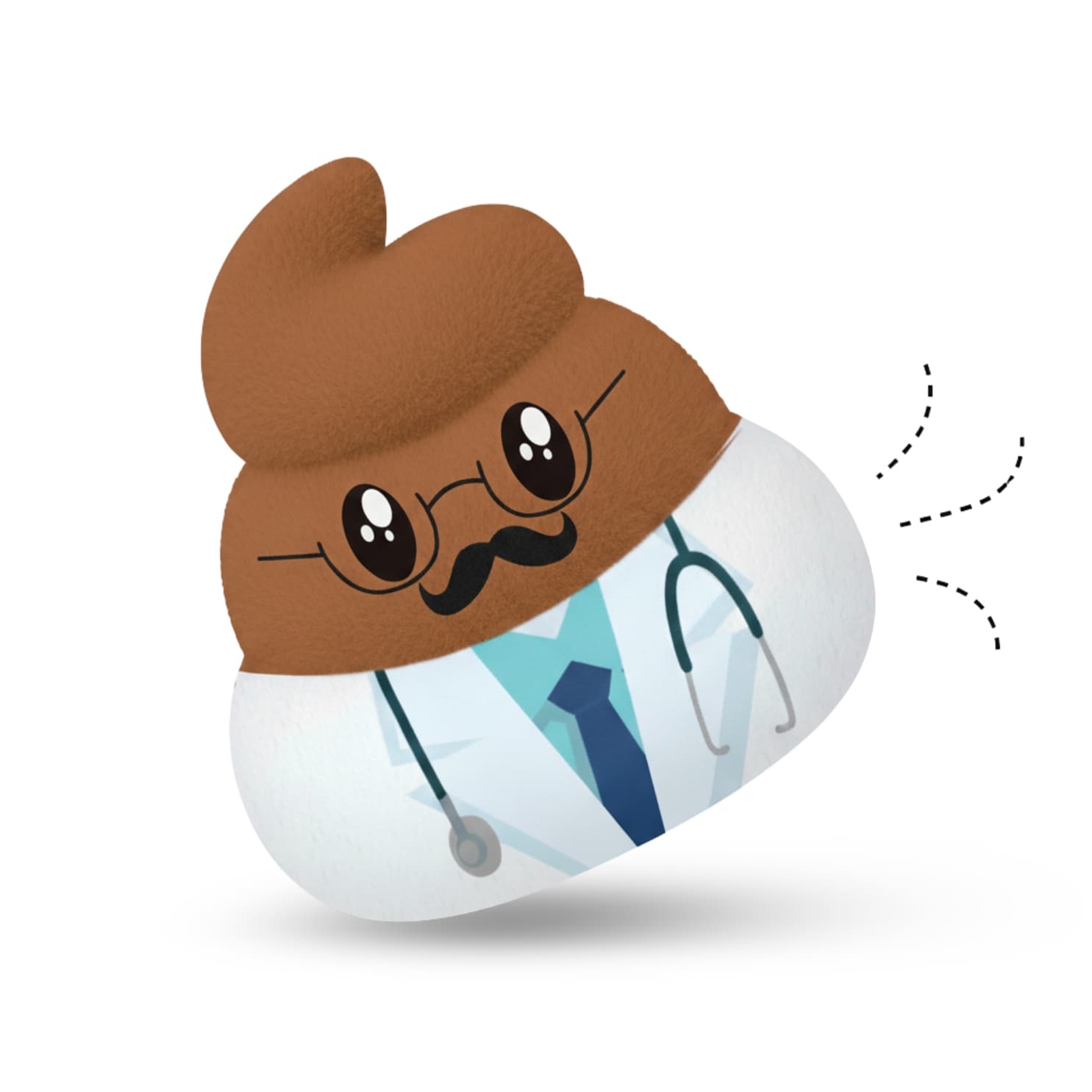 Cartoon dog poop character dog plush toy in a doctor outfit with a stethoscope on a white background