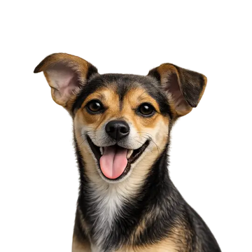 Happy Chiweenie dog breed with a black, brown, and white coat on a png background