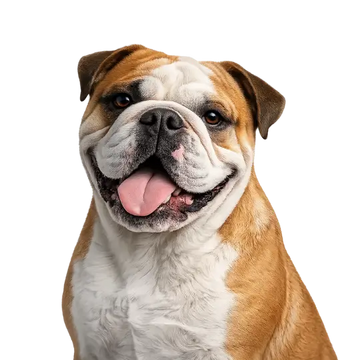 English Bulldog breed smiling profile picture on a png background