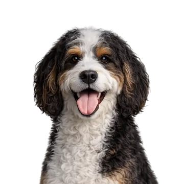 Happy Mini Bernedoodle dog breed with a black, brown, and white coat on a png background