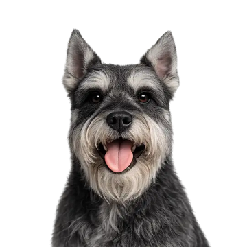 Gray schnauzer dog with a happy expression on a png background