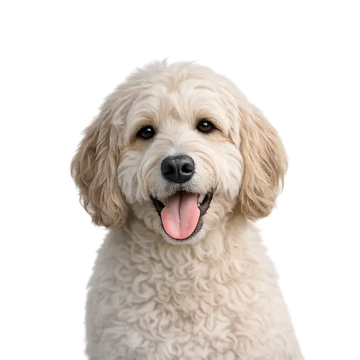 Beige Golden Doodle dog breed with a happy expression on a png background
