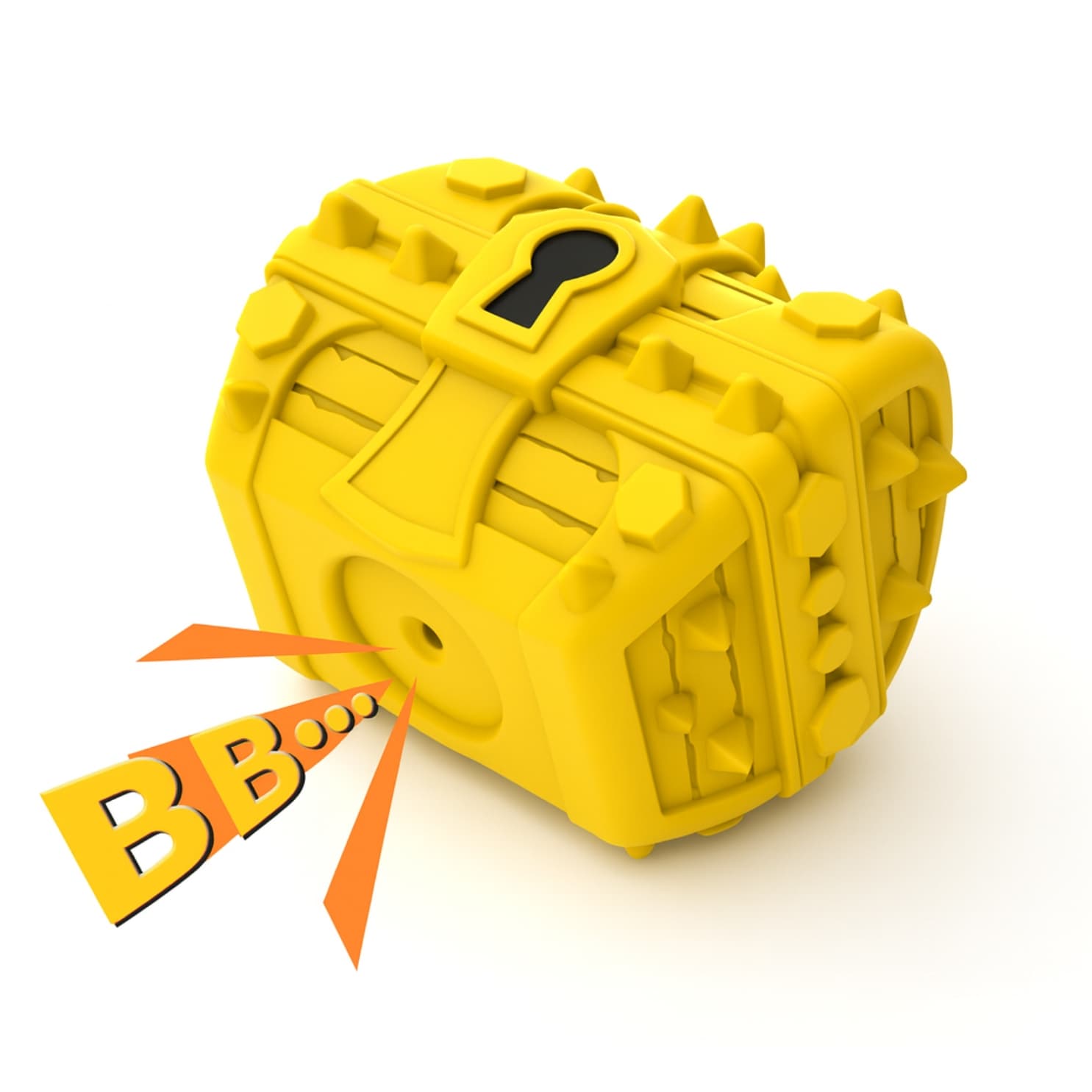 DuraPaw yellow toy locked treasure chest rubber dog squeaky toy with a keyhole on a white background