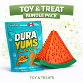 DuraYums dog treat package and watermelon-shaped toy on a white background with Toy & Treat Bundle Pack text.