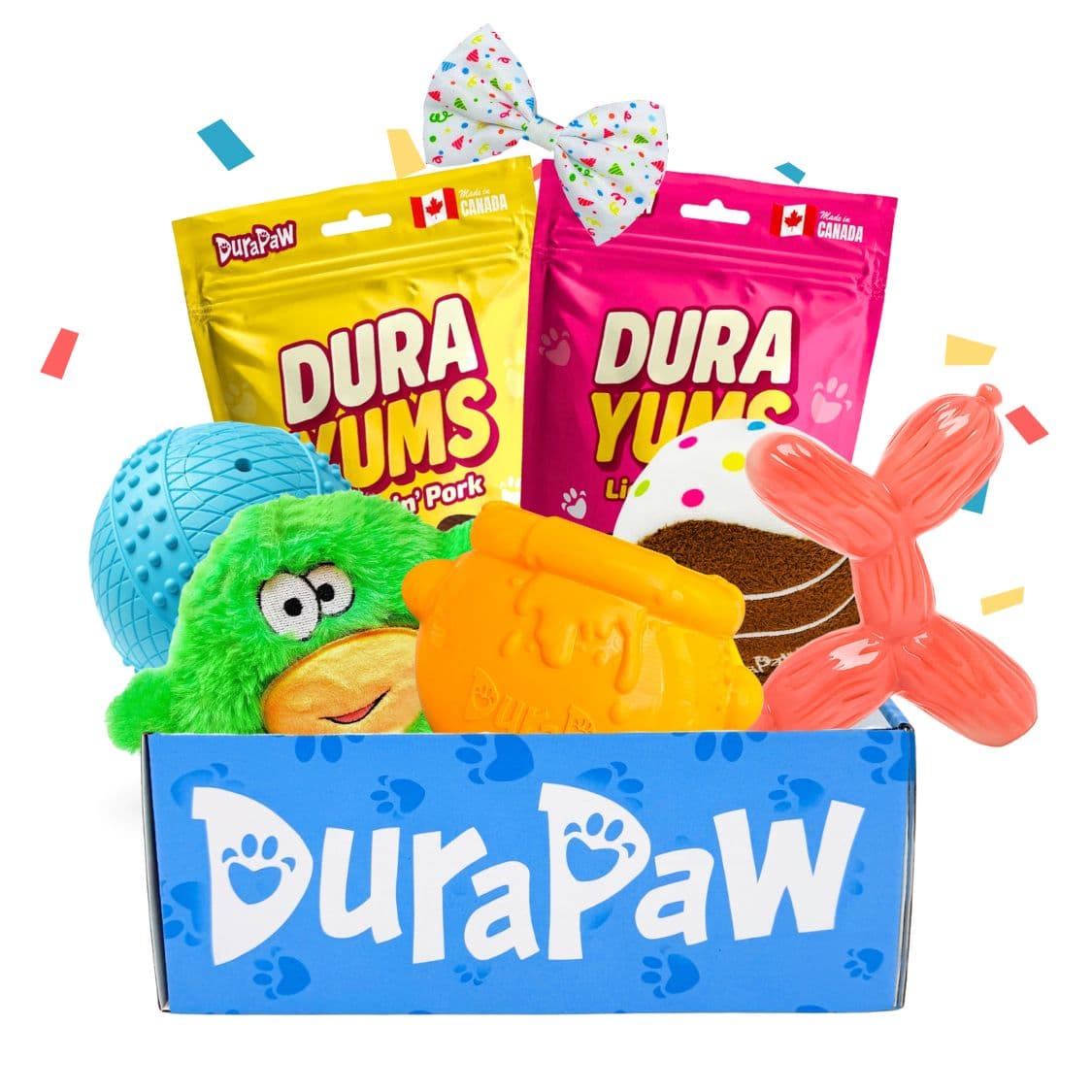 DuraPaw double first subscription box with toys and treats on a white background with confetti