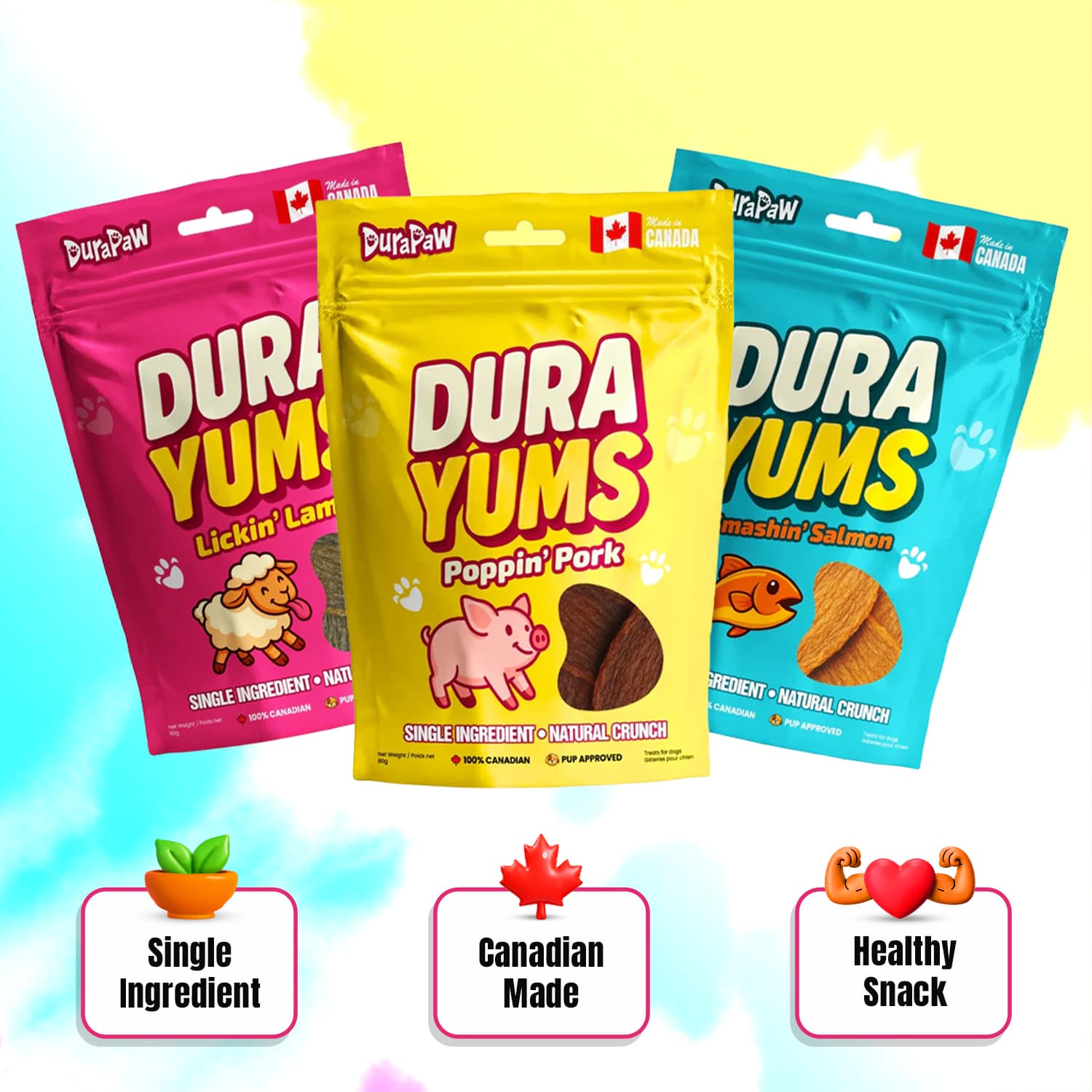 Three packages of DuraYums single ingredient dog treats with colorful packaging on a light blue and yellow gradient background.
