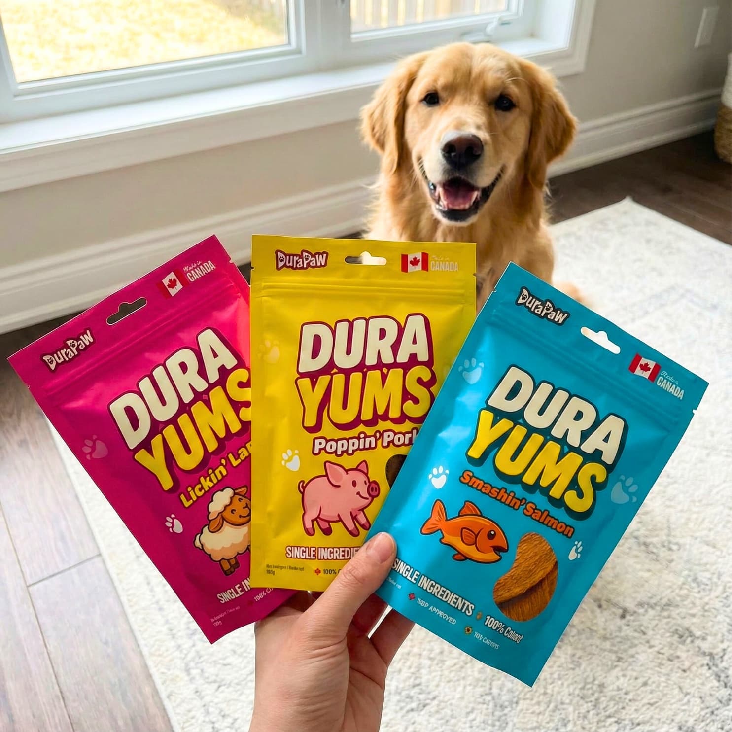Three packages of DuraYums healthy DuraPaw dog treats held by a person with a golden retriever in the background.