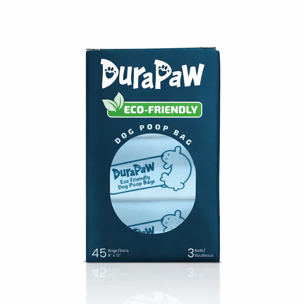 Box of DuraPaw eco-friendly dog poop bags on a white background