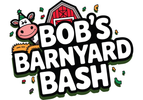 Logo for DuraPaw theme Bob's Barnyard Bash dog box with cartoon cow and barn design on a black background.