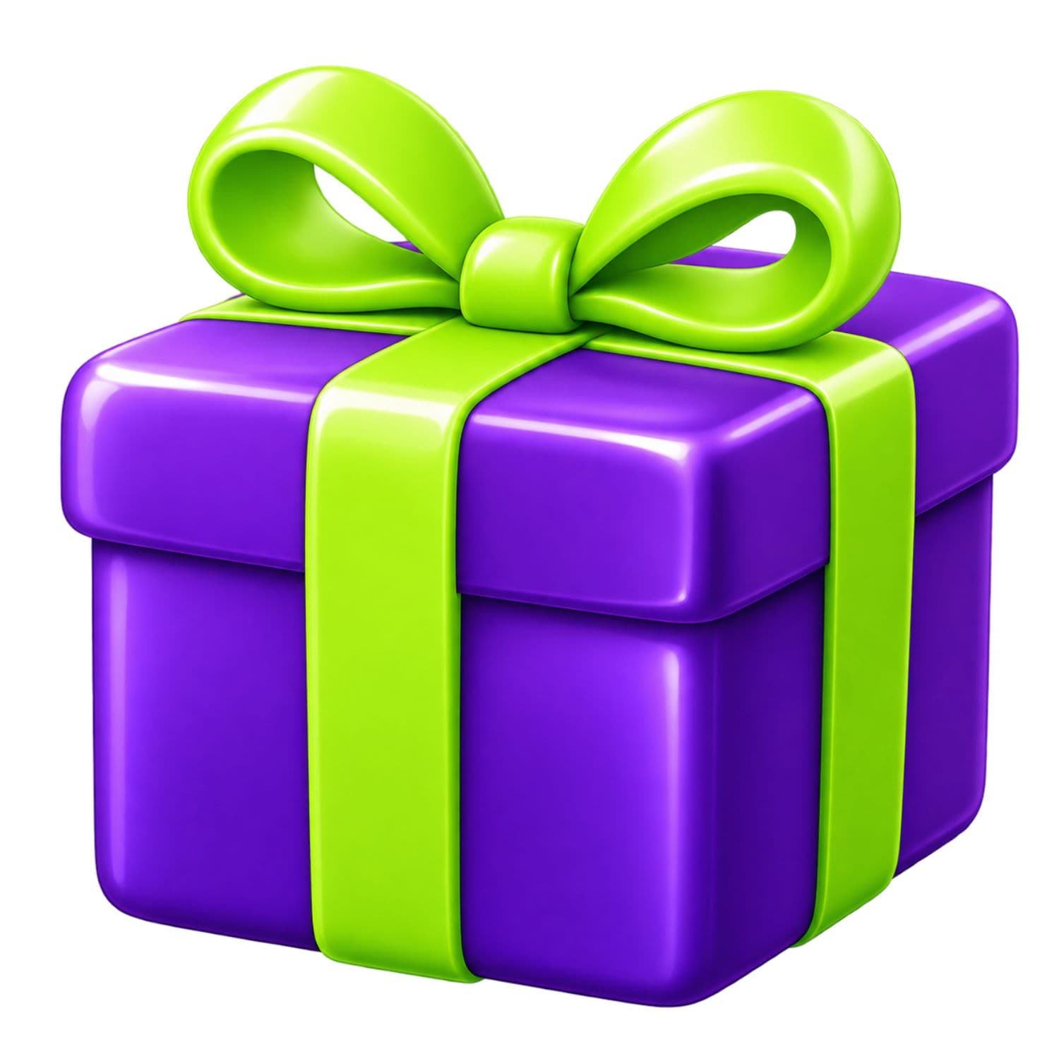 A DuraPaw Halloween glossy purple gift box with a bright lime green ribbon and bow, isolated on a white background.