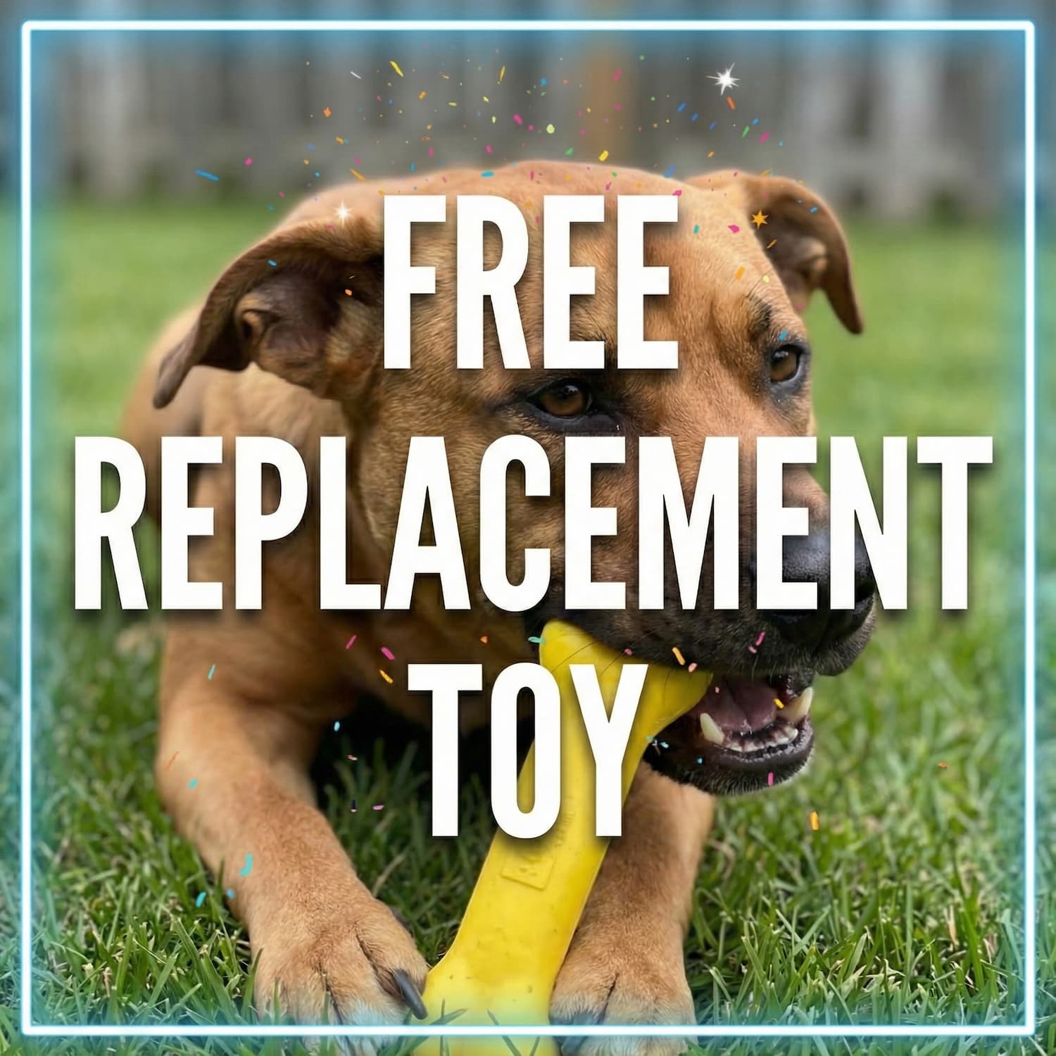 Dog playing with a toy outdoors, with text overlay about a DuraPaw free replacement toy guarantee offer.