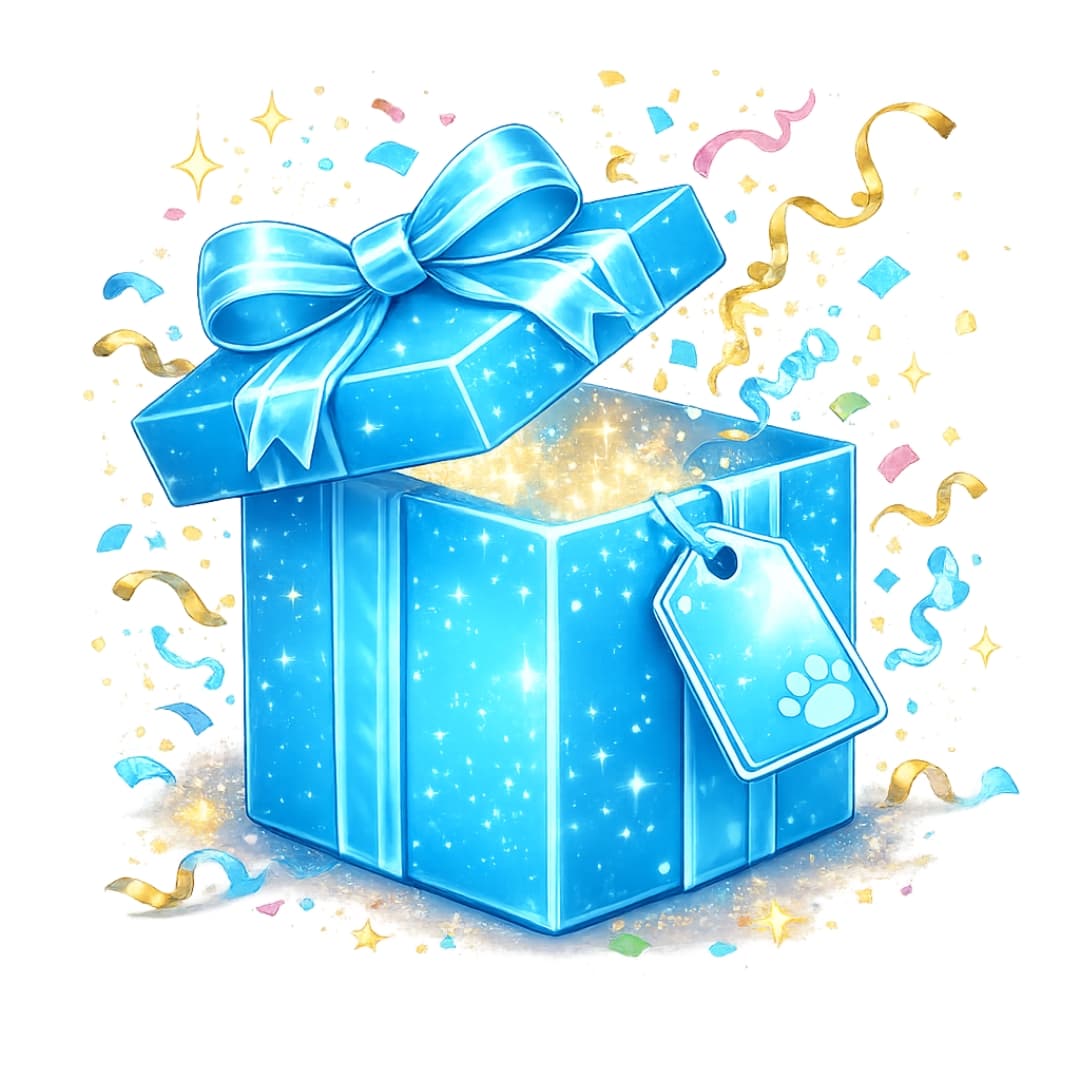 DuraPaw Blue gift box with a bow and confetti on a white background