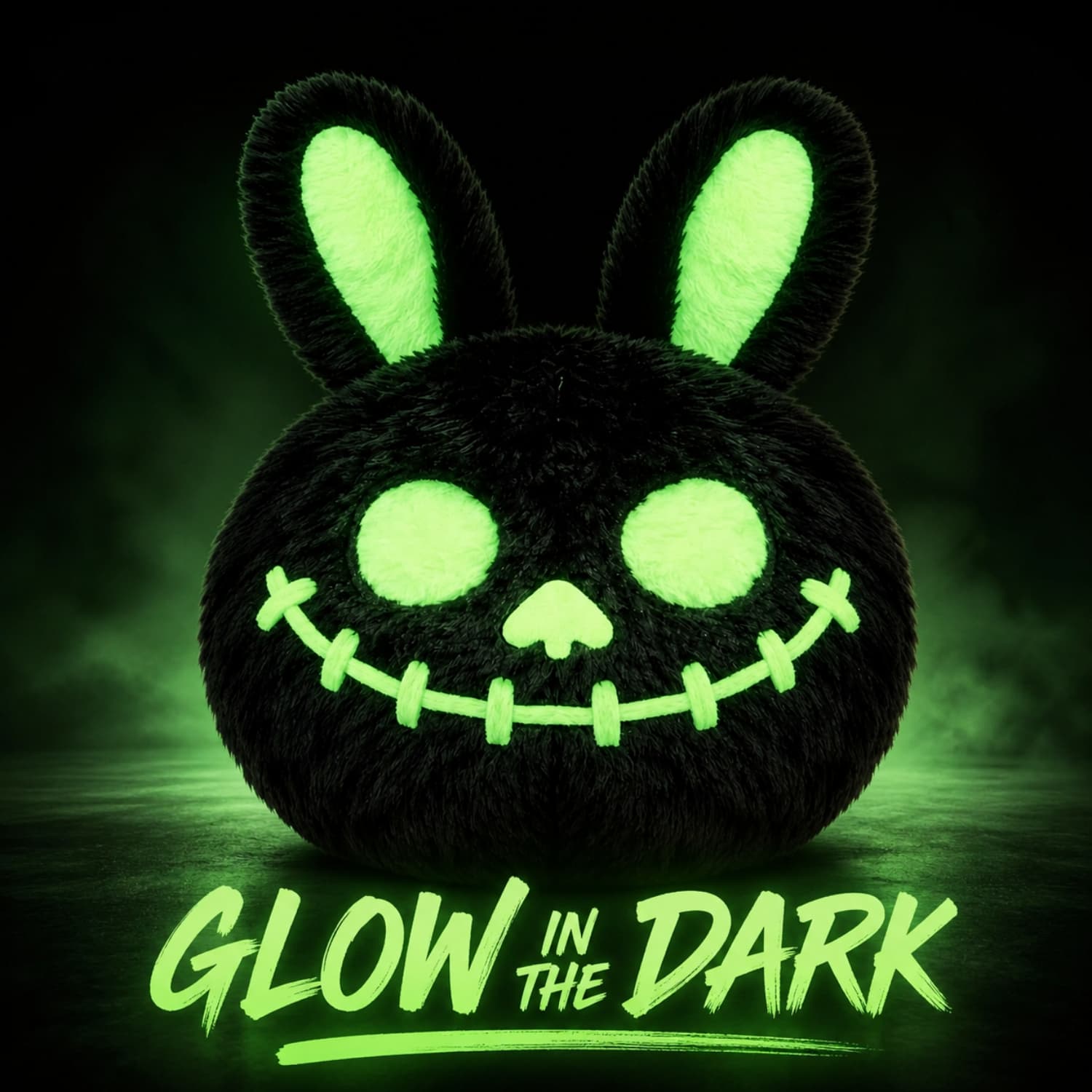 Black plush bunny dog toy with neon green glow-in-the-dark eyes, ears, nose, and stitched smile glowing in a dark spooky scene with Glow in the Dark text below.