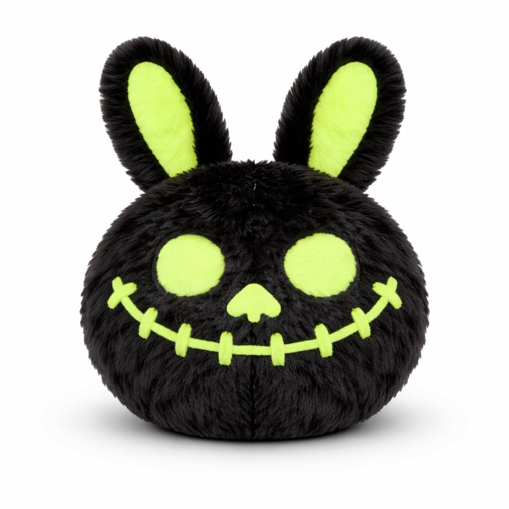 DuraPaw Glow in the Dark black plush bunny toy with green eyes and mouth on a white background