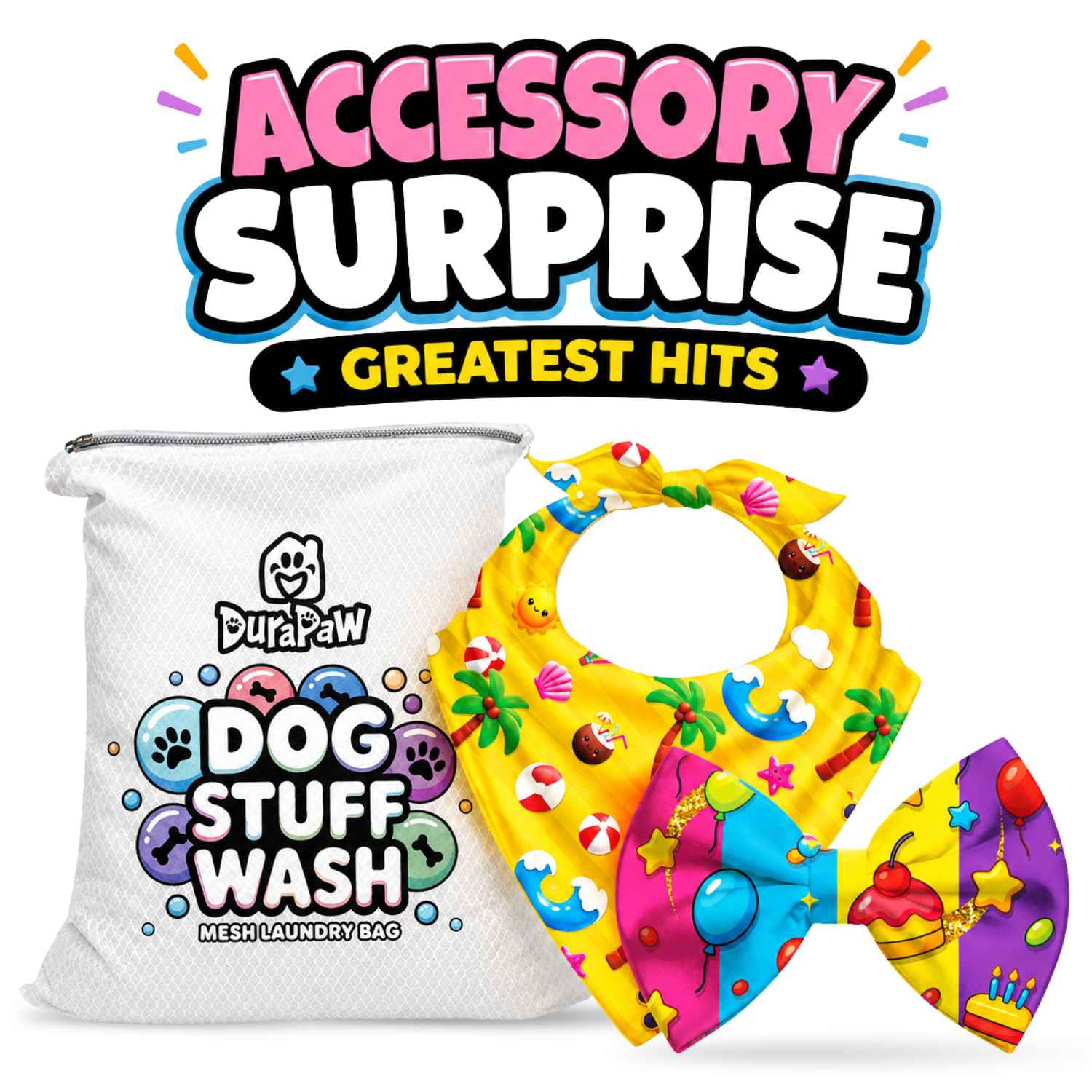 A promotional product image for a Accessory Surprise Greatest Hits set featuring a white mesh laundry bag labeled DuraPaw Dog Stuff Wash alongside a yellow bib and matching bow tie set with colorful beach-themed and party patterns. The background is solid white.