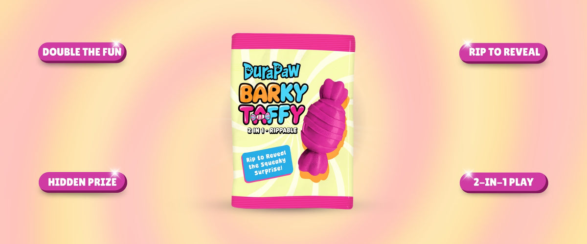DuraPaw 2-in-1 Rippable dog toy with Barky Taffy packaging on a pink background