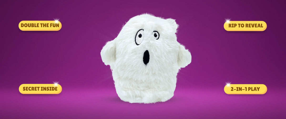 DuraPaw 2-in-1 white ghost Rippable dog plush toy with a surprised expression on a purple background