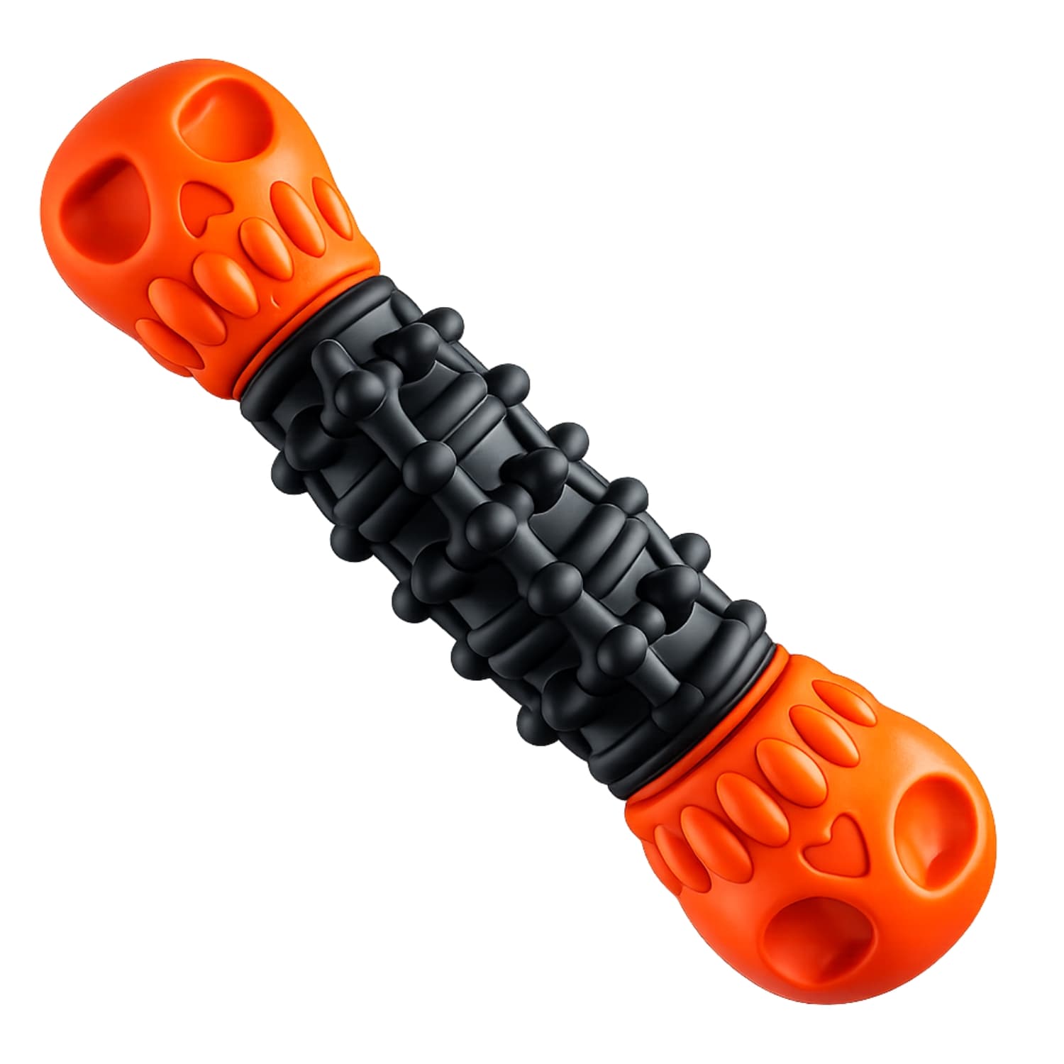 Black and orange textured Halloween nylon and rubber dog toy on a white background
