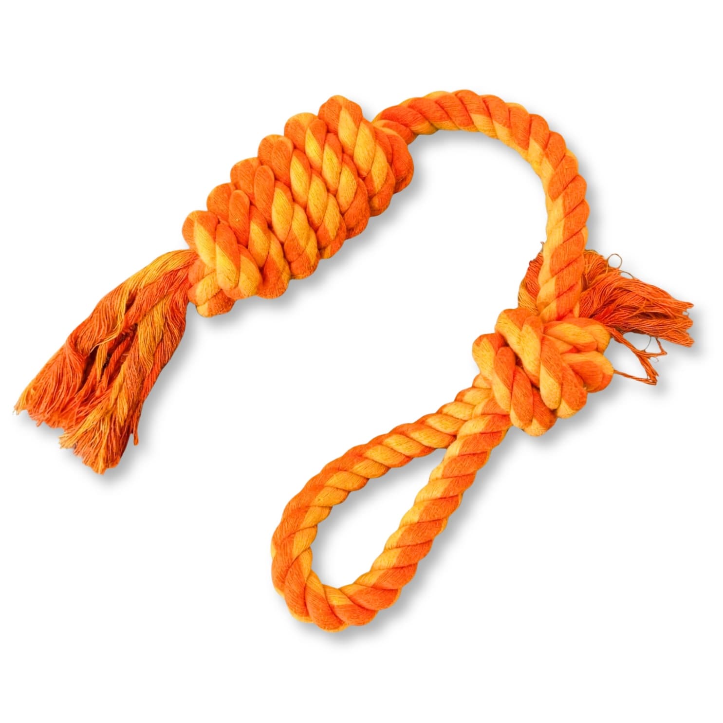 Orange large braided cotton rope DuraPaw dog toy on a white background