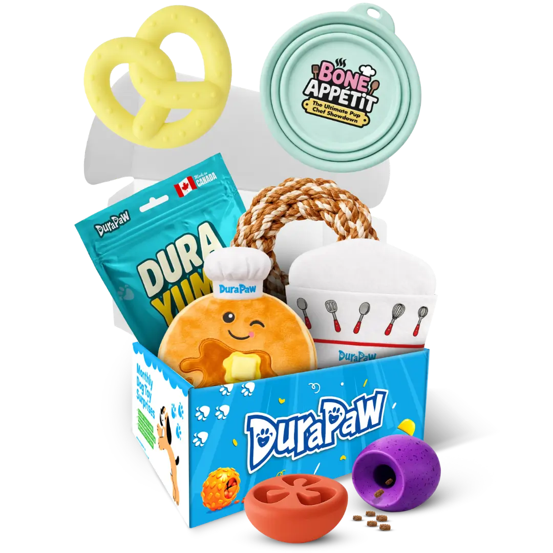 Assorted DuraPaw chef themed pet dog toys and treats with DuraPaw branding on a png background
