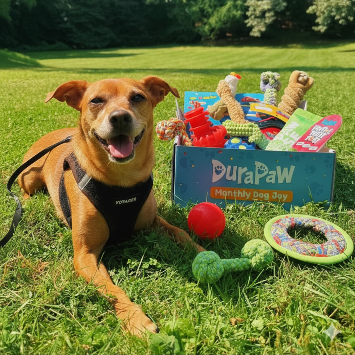 Dog lying on grass with an overflowing box of DuraPaw enrichment dog toys