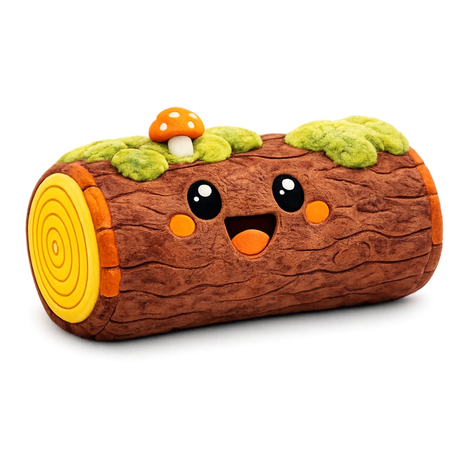 DuraPaw 2 in 1 Rippable plush dog toy shaped like a log with a face, mushrooms, and grass on a white background