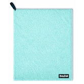 Turquoise microfiber dog cleaning towel with a black tag on a white background