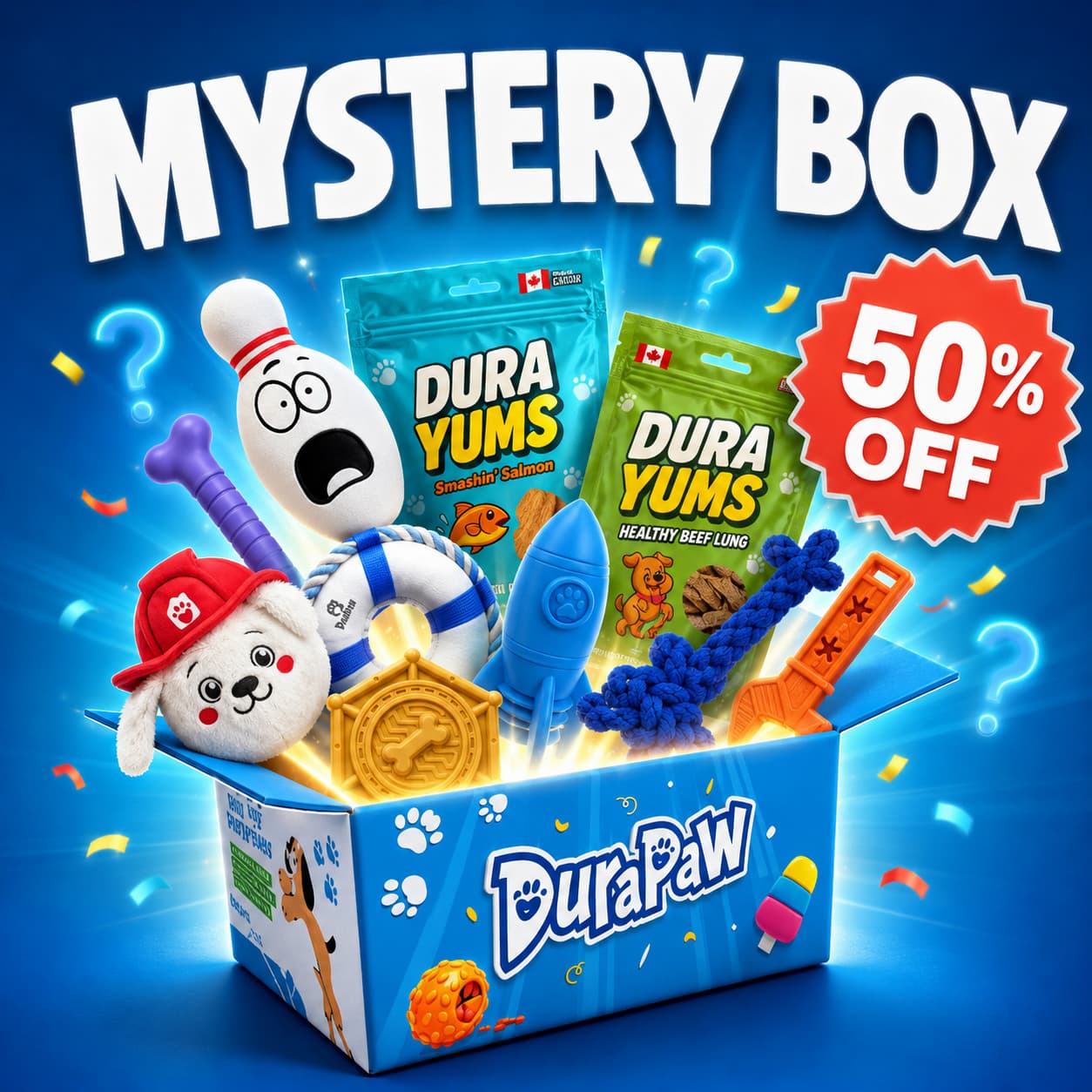 A promotional graphic for a DuraPaw pet toy mystery box, showing an open blue box filled with assorted dog toys and several bags of DuraYums treats. Large text reads MYSTERY BOX and 50% OFF on a bright blue background with confetti and question marks.