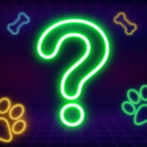DuraPaw neon green question mark with bone, paw, and grid pattern on a dark background