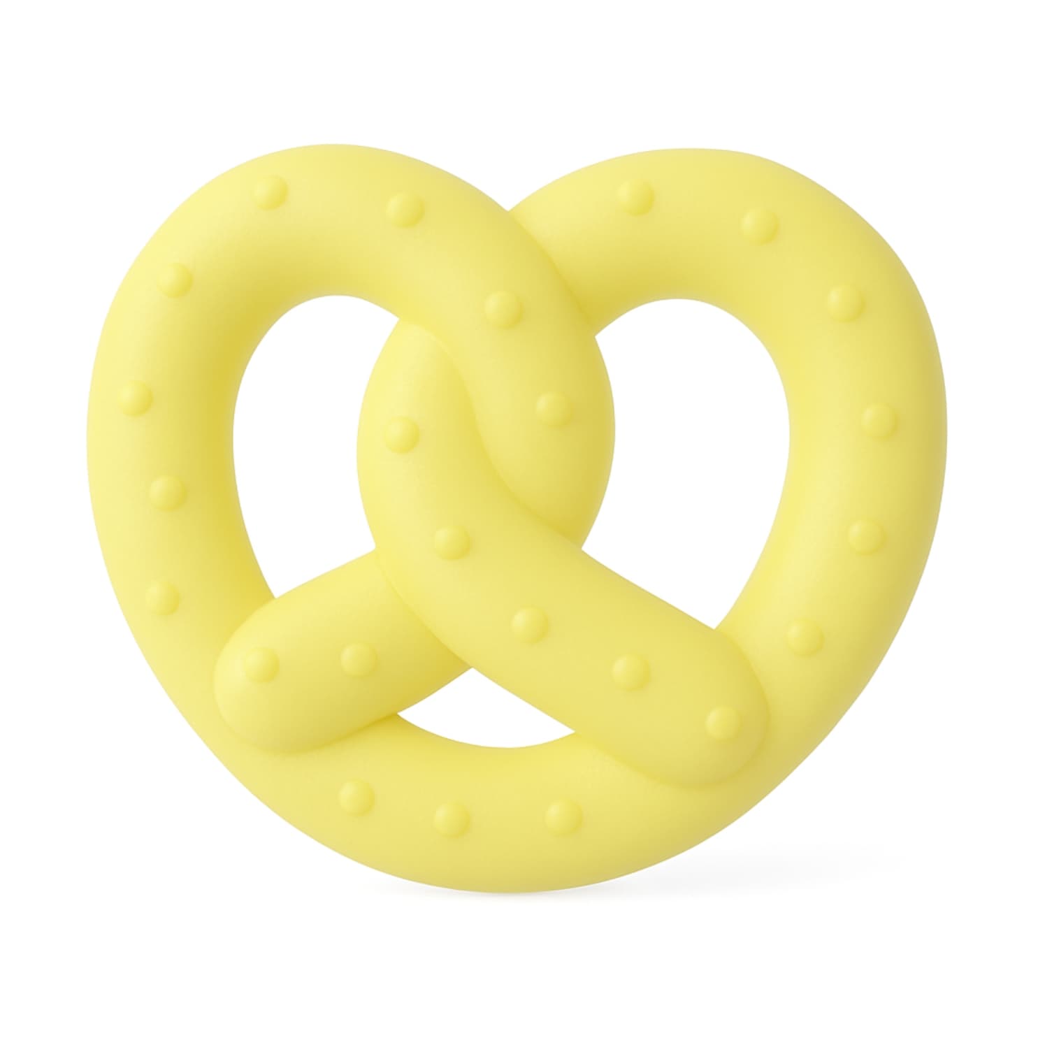 Yellow pretzel-shaped DuraPaw teething dog chew toy on a white background