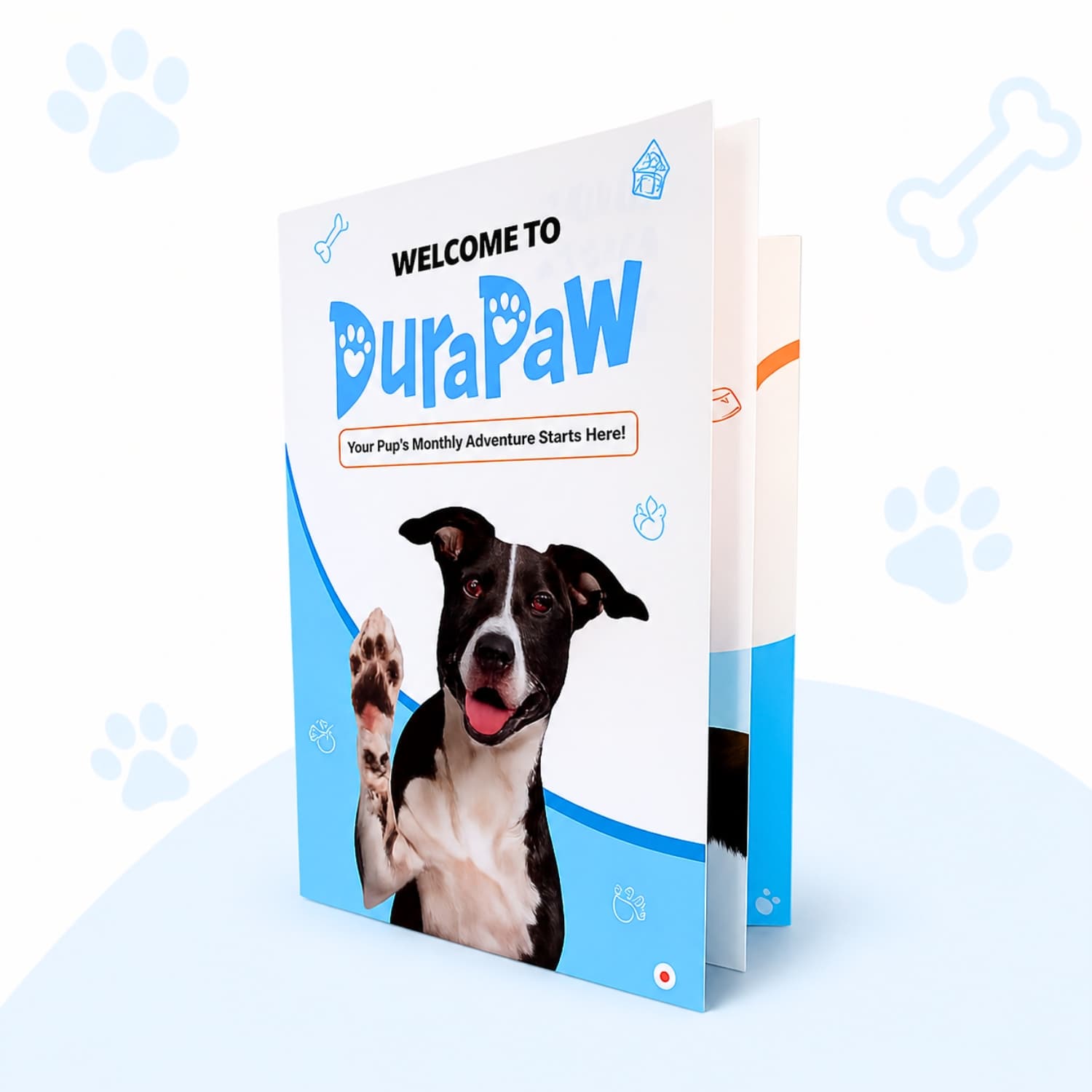 DuraPaw welcome booklet with a dog on the cover titled Welcome to DuraPaw on a white background with paw print graphics.