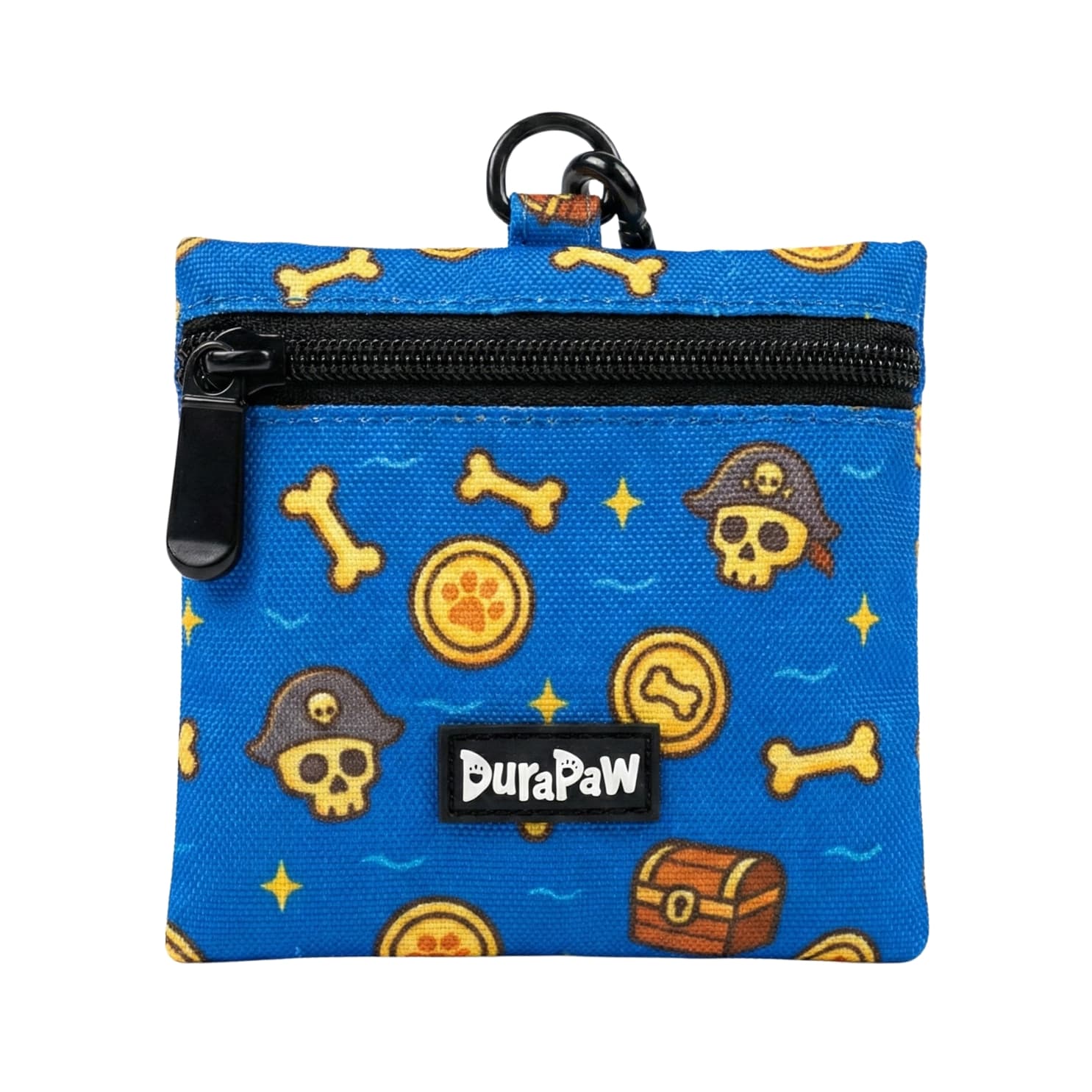 DuraPaw blue dog treat pouch with pirate-themed design and DuraPaw logo on a white background