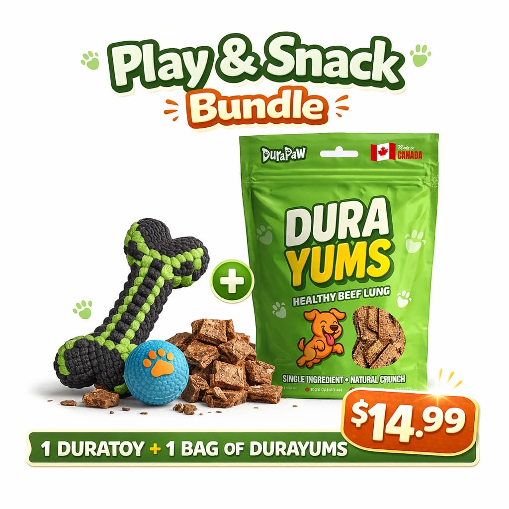 Double Bundle DuraYums dog treats and DuraToy on a white background with promotional text.