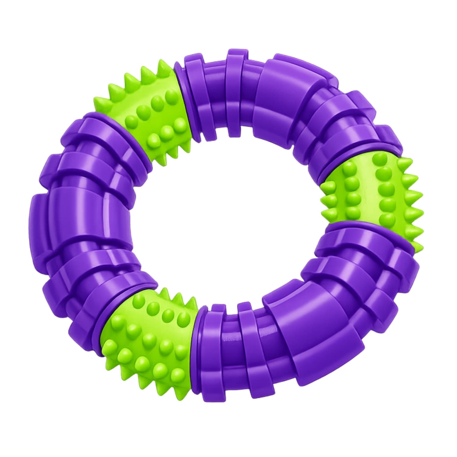 Purple and green nylon rubber dog chew toy with textured surface on a white background