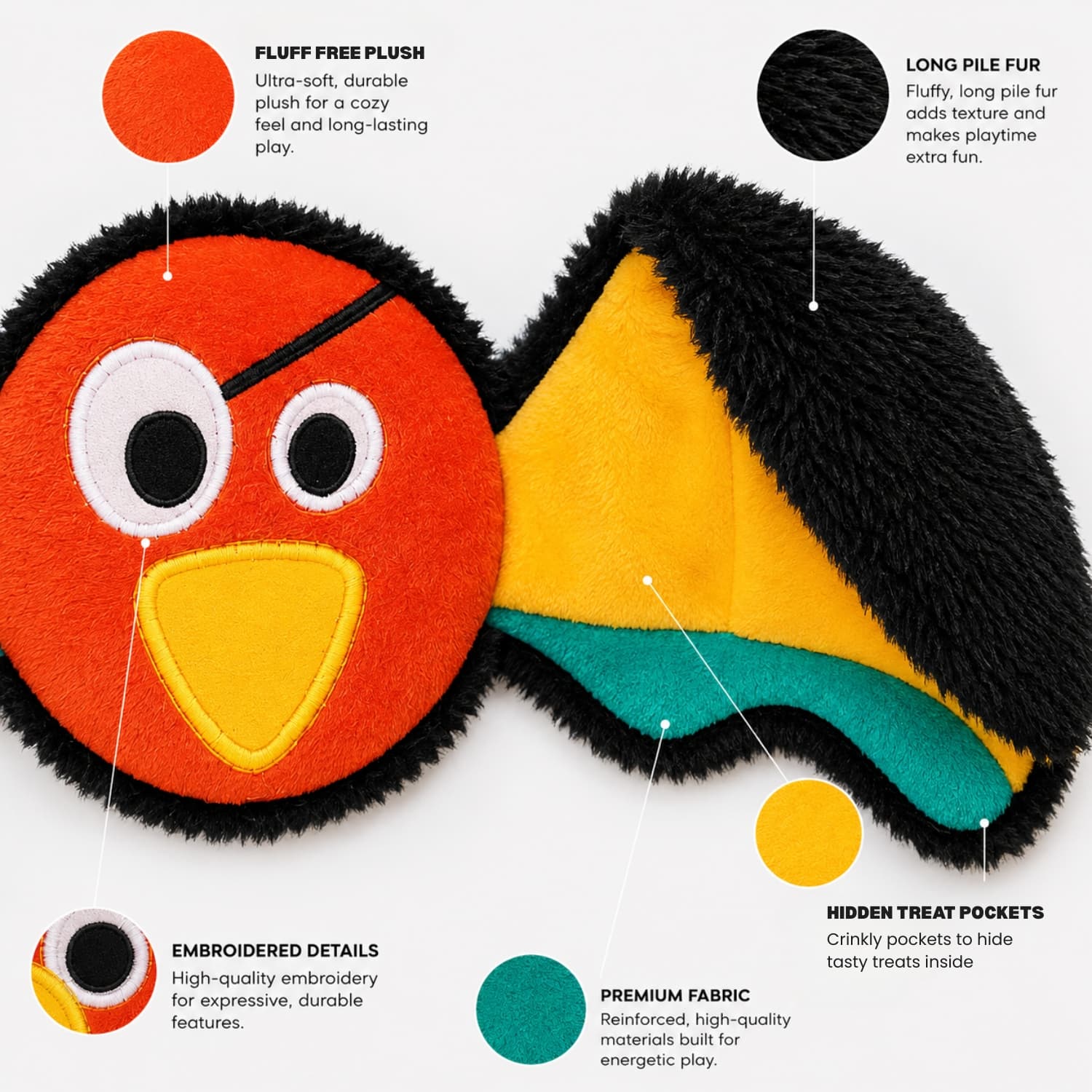 DuraPaw pirate themed parrot Chewfeathers dog toy with features highlighted on a white background