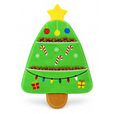 DuraPaw designed green Christmas tree-shaped pet toy with treats and decorations on a white background