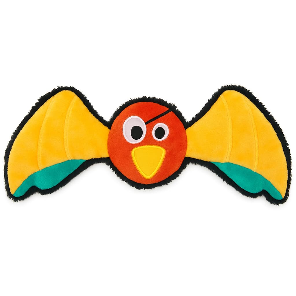 Colorful parrot bird-shaped enrichment plush dog toy with a red face and yellow wings on a white background