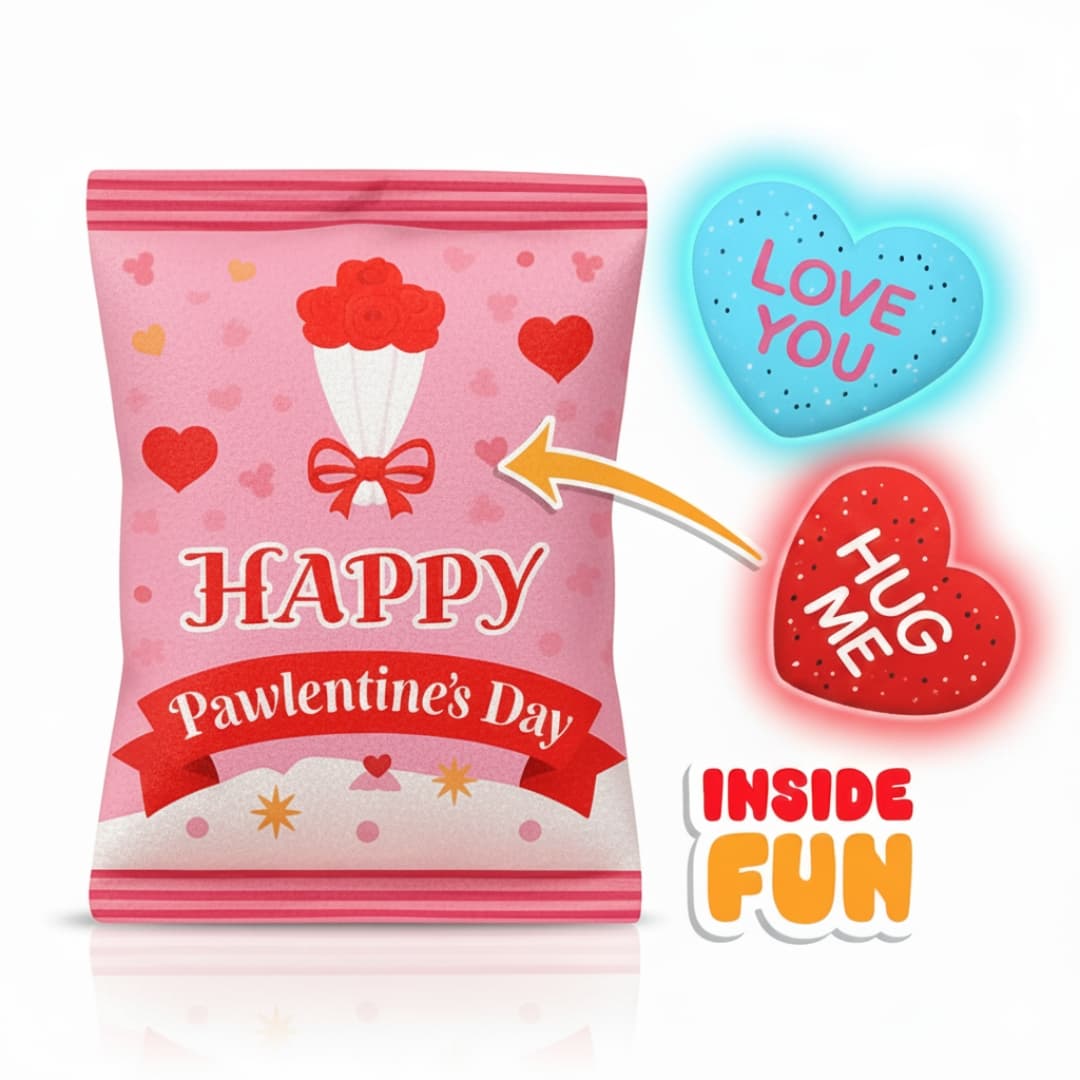 Pink Plush Happy Pawlentine's Day dog toy bag with heart-shaped hidden candy pet toys on a white background