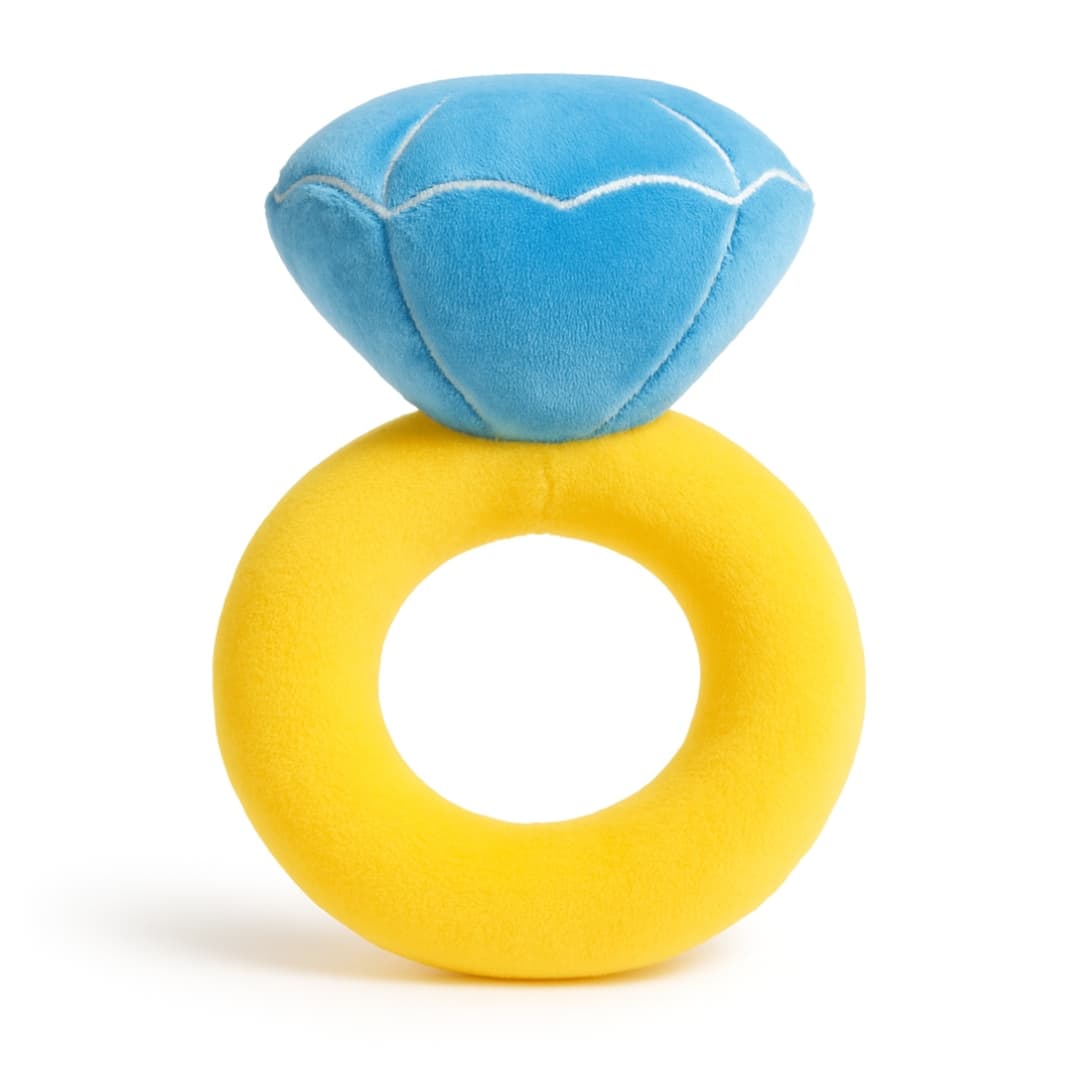 DuraPaw Plush blue and yellow puppy dog engagement teething ring squeaky toy on a white background