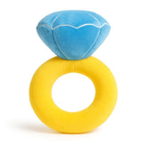 DuraPaw Plush blue and yellow puppy dog engagement teething ring squeaky toy on a white background