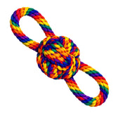 Colorful double knot DuraPaw rope knot dog toy on a white background