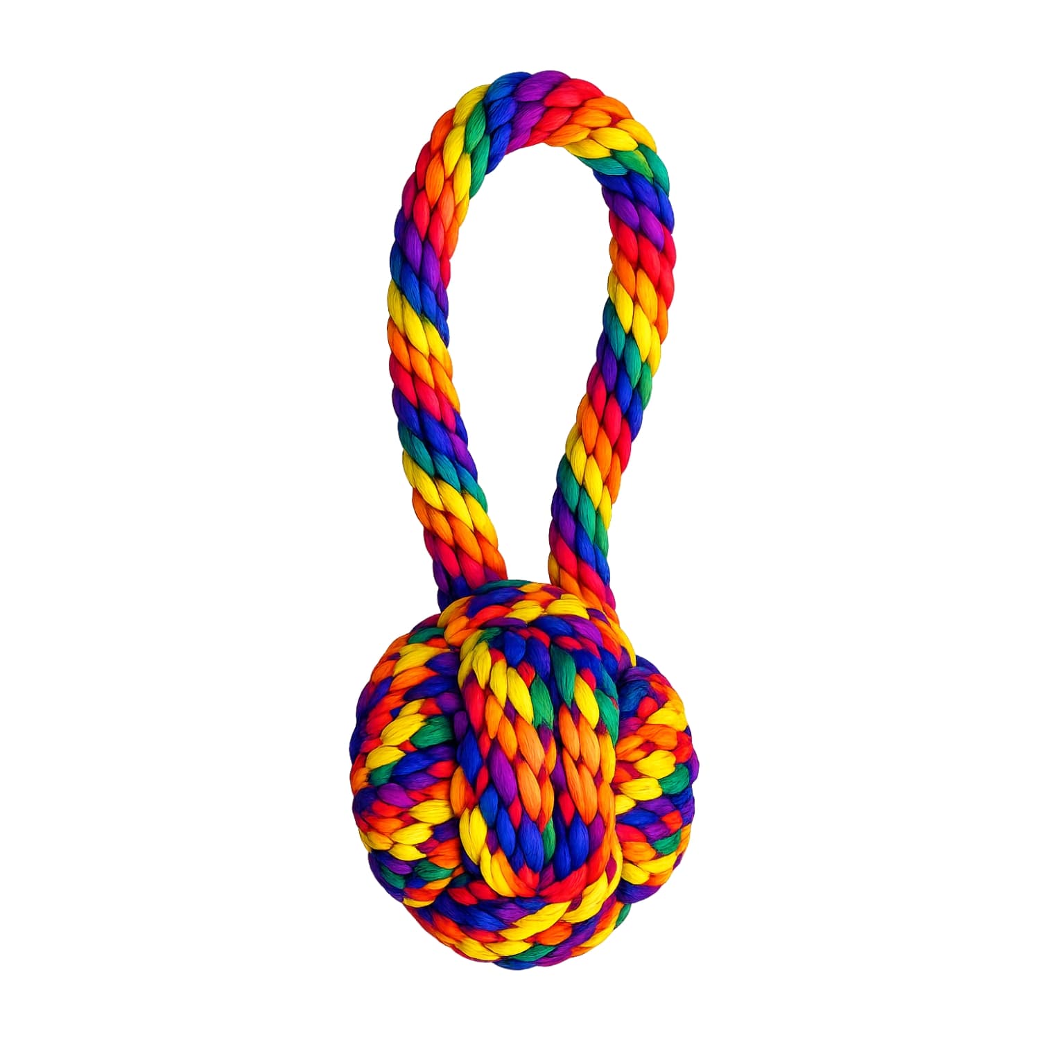Colorful rope dog toy with a knot on a white background