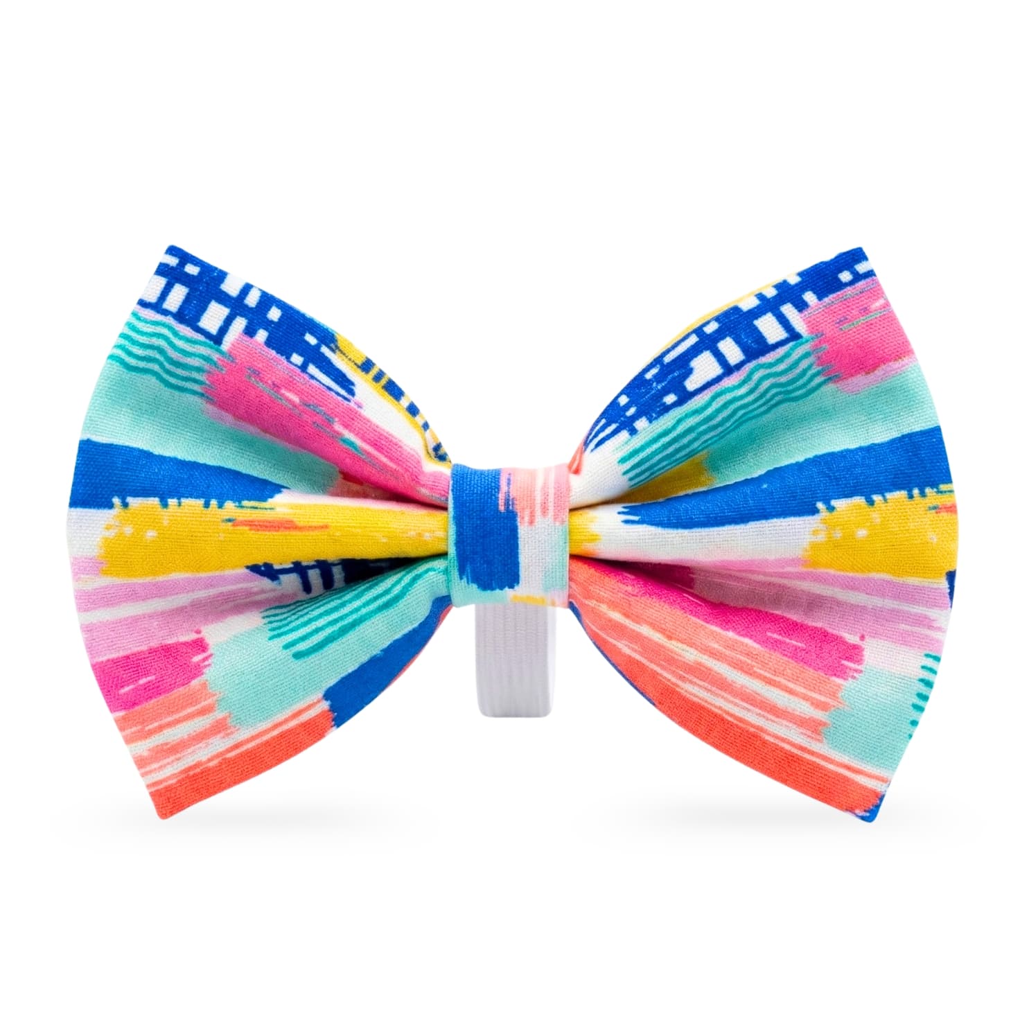 Colorful recycled eco friendly pet dog bow tie with abstract pattern on a white background