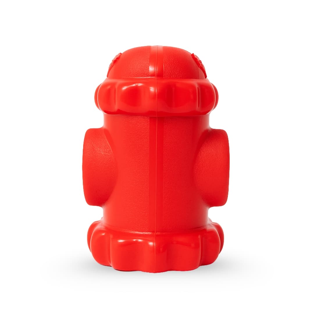 Red DuraPaw dog toy shaped like a fire hydrant on a white background