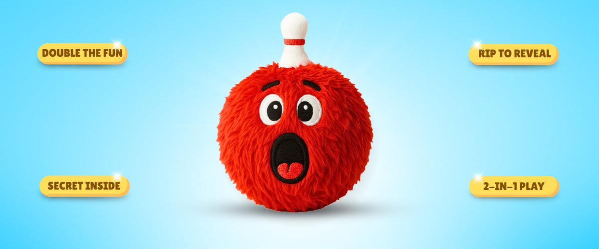 DuraPaw 2-in-1 Rip to Reveal Rippable bowling ball dog toy with a surprised expression on a blue background