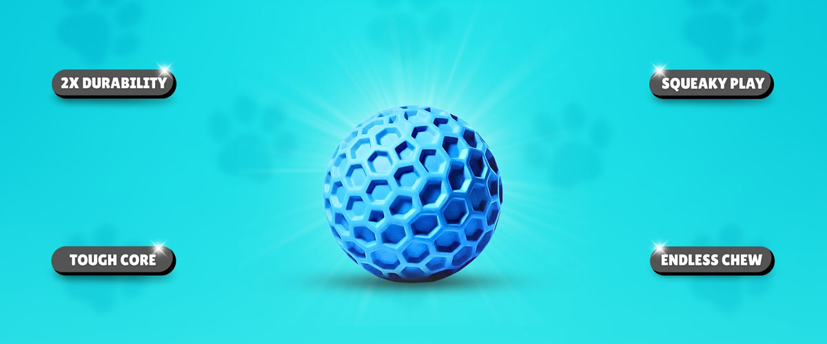 Blue textured rubber squeaky dog toy ball with durability and play features on a blue background
