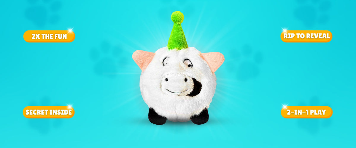 DuraPaw Rippable 2-in-1 plush cow dog toy with a green party hat on a blue background