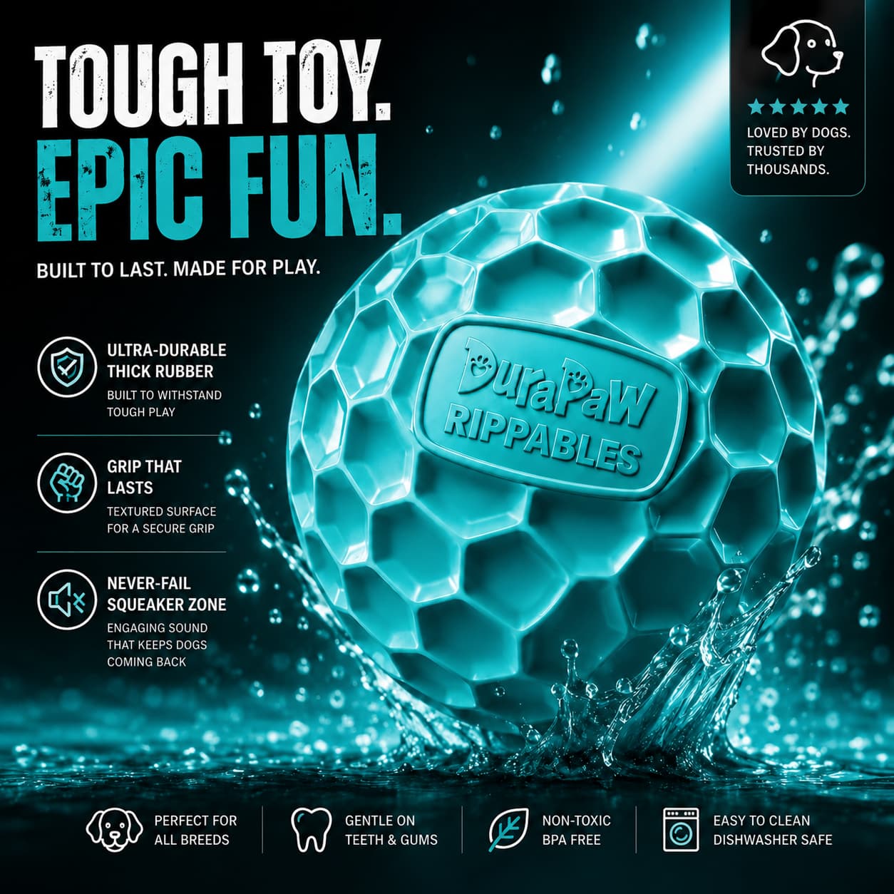 DuraPaw RipShield teal rubber dog toy ball with a tough textured core and a hidden ball inside, built for power chewers and enrichment play